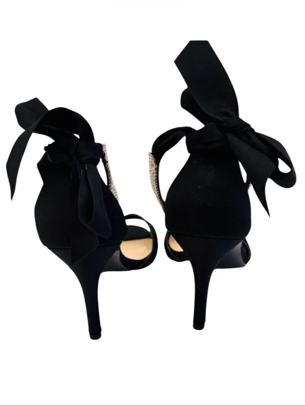 Nina Black Satin Rhinestone Strap Bow Tie Back Heels Size 8 1/2 - Picture 7 of 11